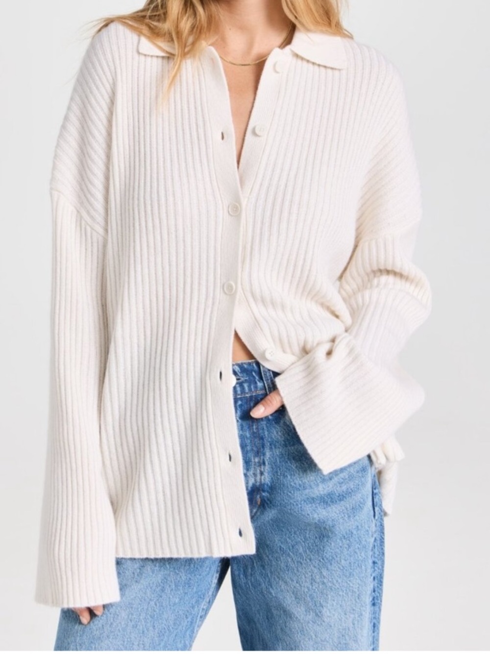 Reformation Ivory White Ribbed Knit Fantino Cashmere Collared Button Cardigan